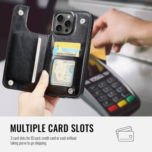 For iPhone 13 12 11 Pro Max iPhone 13 12 Mini Wallet Case With Card Holder, PU Faux Leather Kickstand Card Slots Case, Double Magnetic Clasp And Durable Shockproof Cover
