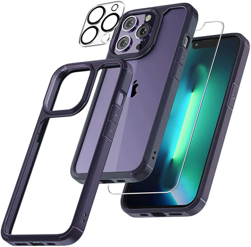 【3 in 1】Case for iPhone 14 Pro Max with Tempered Glass Screen Protector Matte-Finish All-Round Protection Shockproof Cover