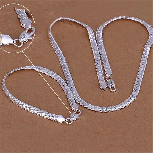 925 Silver Color Christmas Gifts European Style Retro 6MM Flat Chain Necklace Bracelets Fashion For Man Women Jewelry Sets S085