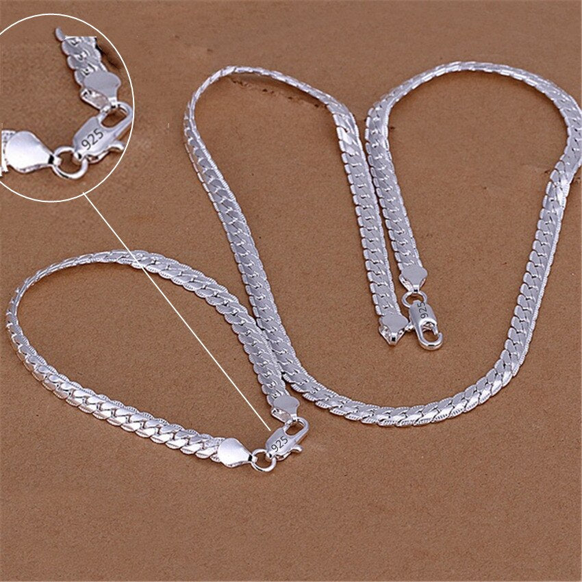 925 Silver Color Christmas Gifts European Style Retro 6MM Flat Chain Necklace Bracelets Fashion For Man Women Jewelry Sets S085