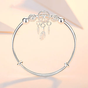 Adjustable Size 925 Silver Color Bangle Cuff Dreamcatcher Tassel Feather Round Bead Charm Bracelet Jewelry For Women Wedding