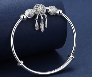 Adjustable Size 925 Silver Color Bangle Cuff Dreamcatcher Tassel Feather Round Bead Charm Bracelet Jewelry For Women Wedding