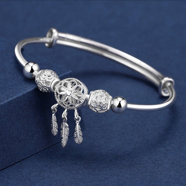 Adjustable Size 925 Silver Color Bangle Cuff Dreamcatcher Tassel Feather Round Bead Charm Bracelet Jewelry For Women Wedding