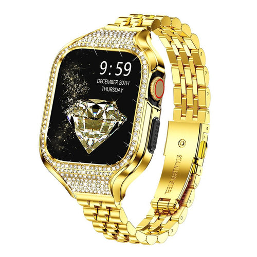Bling Metal Case+Strap For Apple Watch Band Stainless Steel Dressy Bracelet+Rhinestone Case iwatch Series SE 7 6 5 4 8