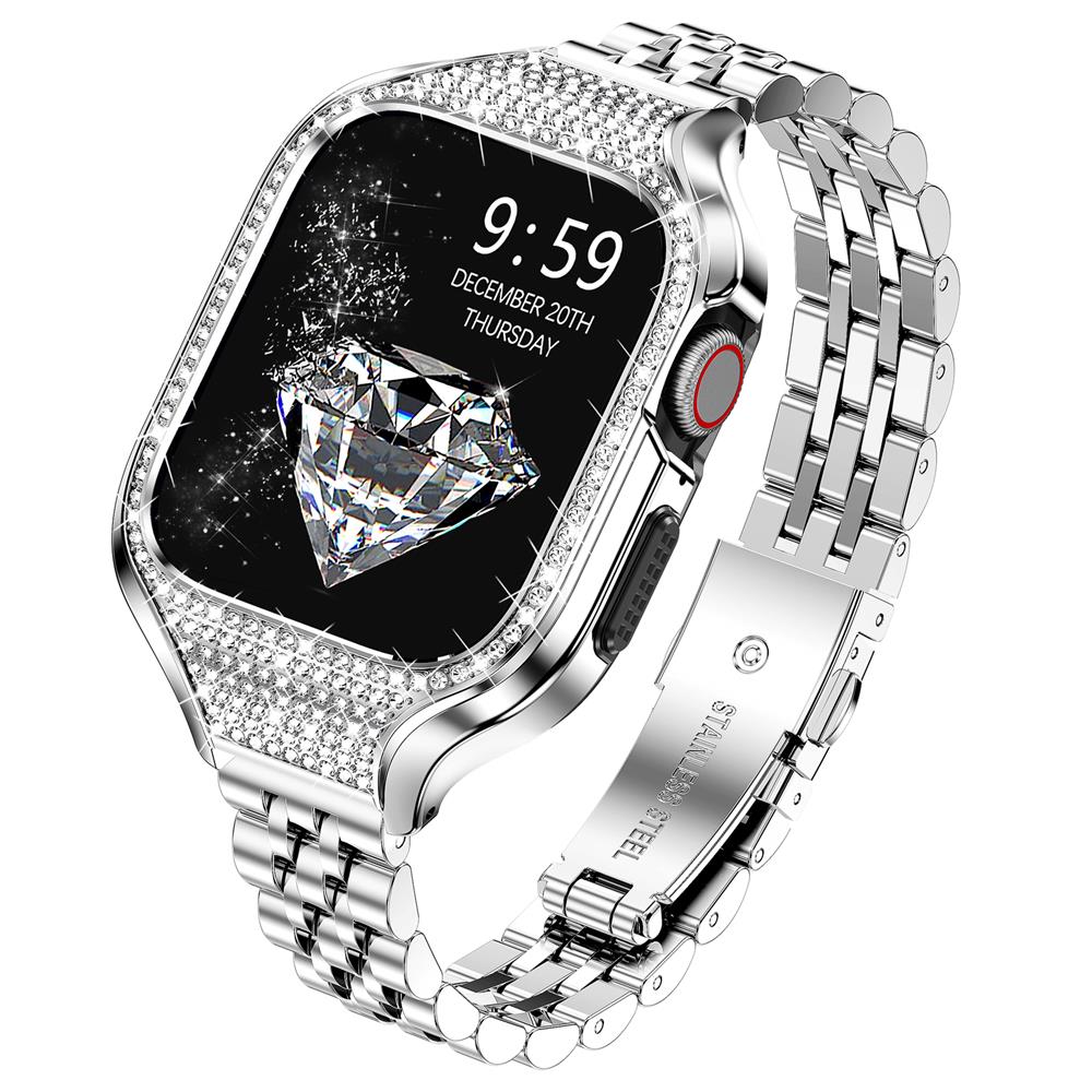 Bling Metal Case+Strap For Apple Watch Band Stainless Steel Dressy Bracelet+Rhinestone Case iwatch Series SE 7 6 5 4 8