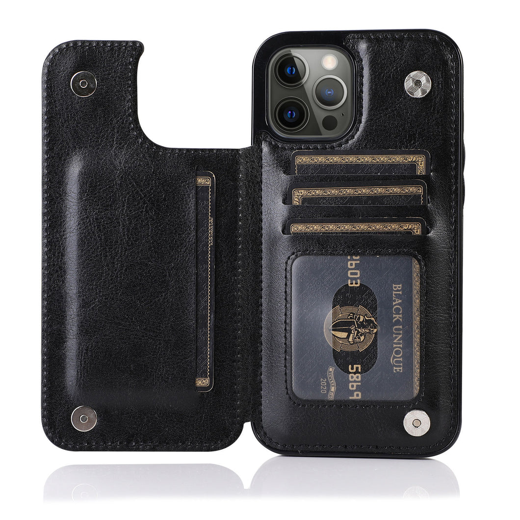Double Buckle Leather Case for iPhone 14 Pro Max 14 Plus with Card Slots and Stand Function Drop Protection Cover