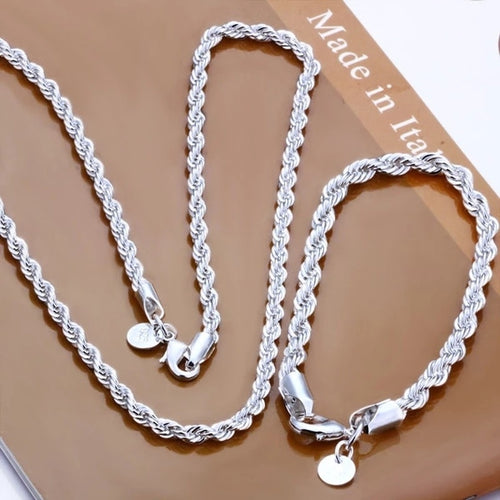 High Quality 925 Silver Color 4MM Women Men Chain Male Twisted Rope Necklace Bracelets Fashion Silver jewelry Set